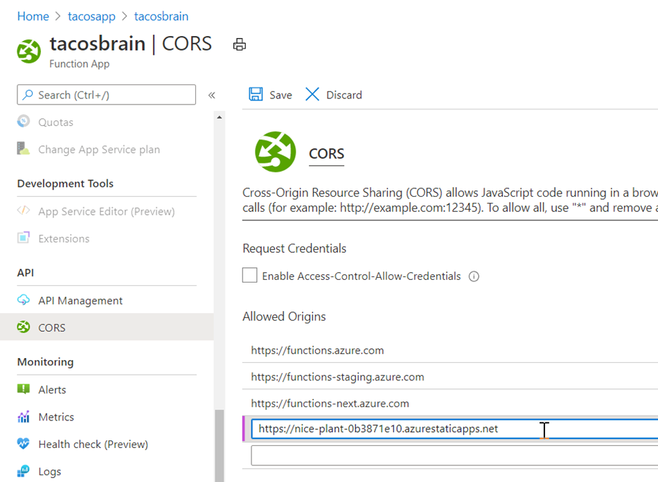 Azure Functions CORS settings